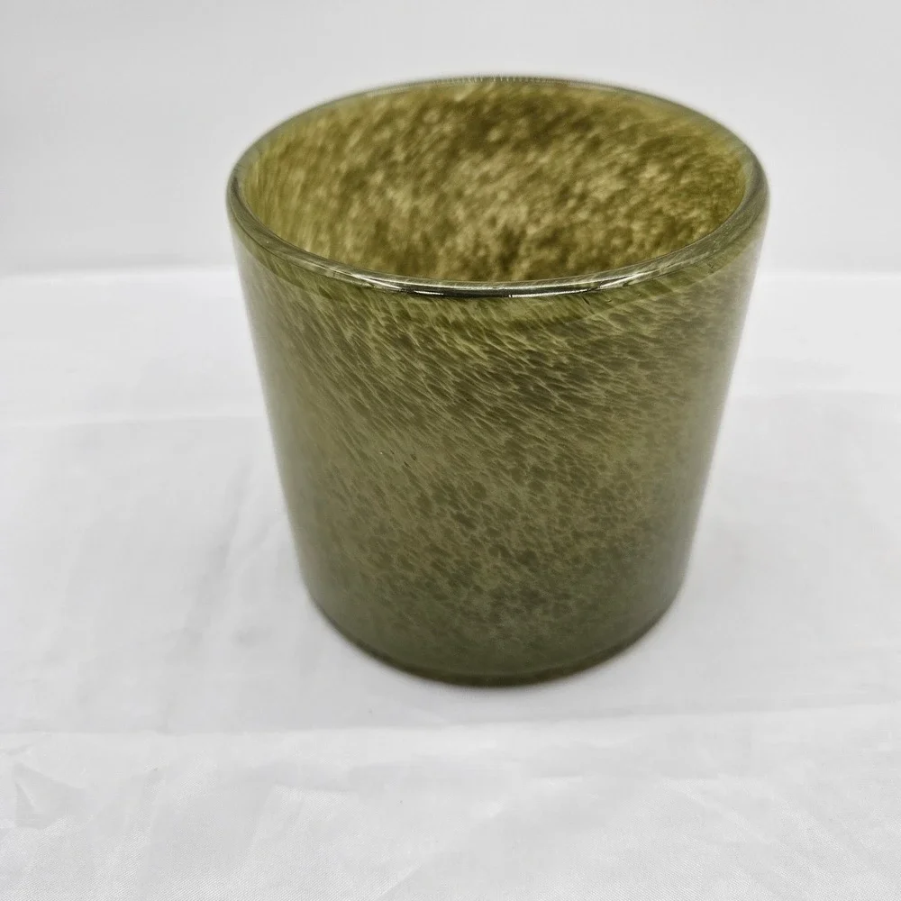 Hand Blown Olive Green Mottled Glass Vase Cylindrical Candle Holder 4.5x4in
